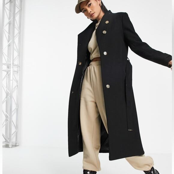 River Island $180 NWT ASOS funnel neck wrap coat in black 8 M - Picture 1 of 13